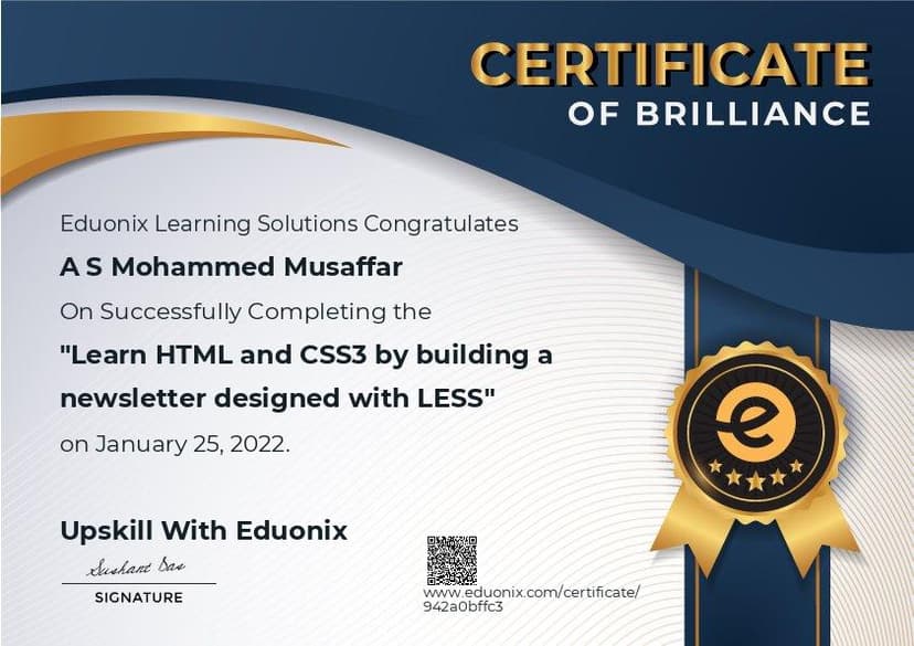 Learn HTML and CSS3 by Building a Newsletter Designed with LESS certificate