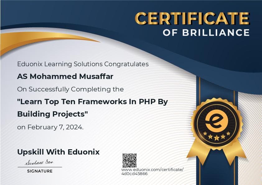 Learn Top Ten Frameworks in PHP by Building Projects certificate