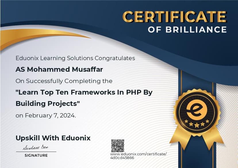 Learn Top Ten Frameworks in PHP by Building Projects certificate