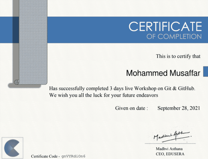 3 Days Live Workshop on Git & GitHub certificate