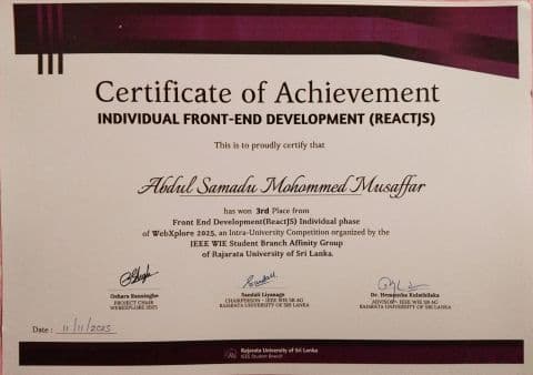 Individual Front-End Development (ReactJS) — 3rd Place certificate