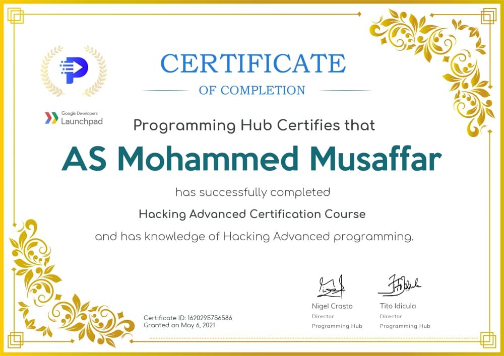 Hacking Advanced Certification Course certificate