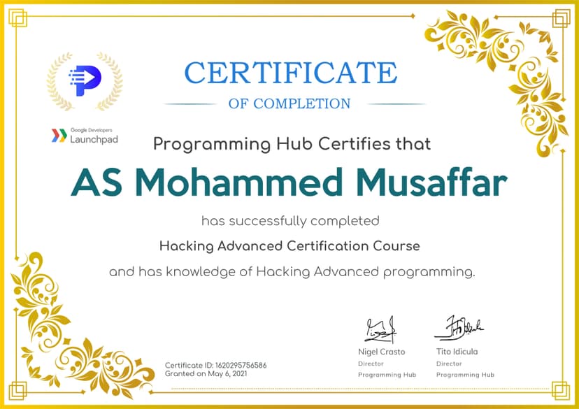 Hacking Advanced Certification Course certificate