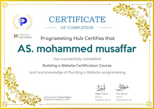 Building a Website Certification Course certificate
