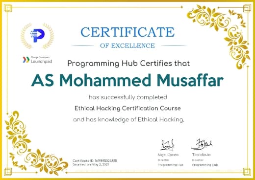 Ethical Hacking Certification Course certificate