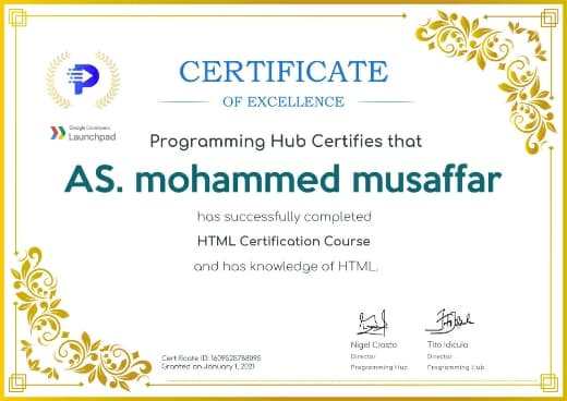 HTML Certification Course certificate