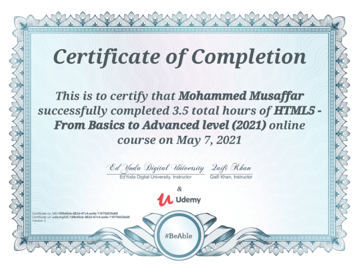 HTML5 - From Basics to Advanced Level (2021) certificate