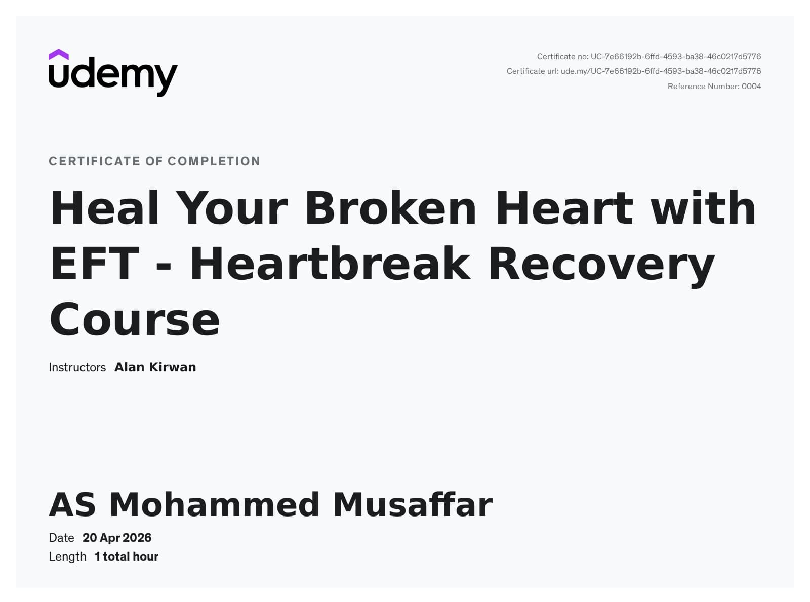 Heal Your Broken Heart with EFT - Heartbreak Recovery Course certificate