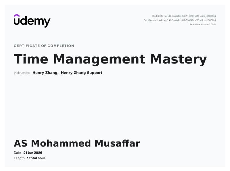 Time Management Mastery certificate